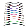 A colorful set of km elite bungee tie braided leash extensions with silver quick-release panic snap clasps