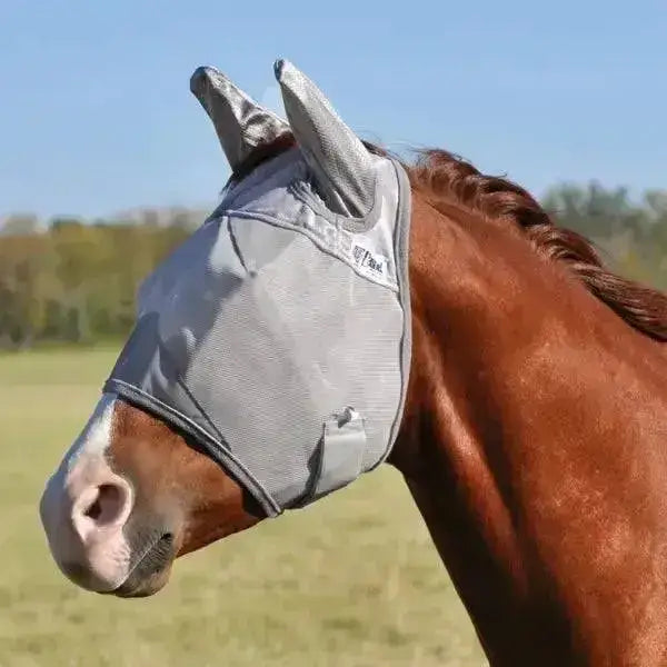 Gray mesh horse fly mask with adjustable ear flaps and small logo side detail km elite cashel crusader fly mask