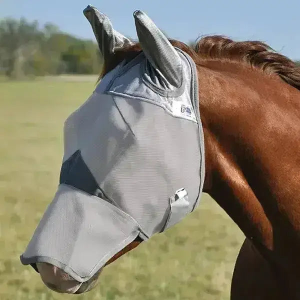 Gray mesh cashel fly mask with adjustable ear flaps and long nose cover featuring a small brand tag on the side