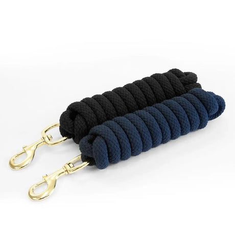 Two high quality double braided leadrope halters in black and navy blue with gold swivel hooks from km elite cotton
