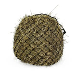 A round hay ball held in a black mesh km elite deluxe haynet made from extra strong polyethylene for durability