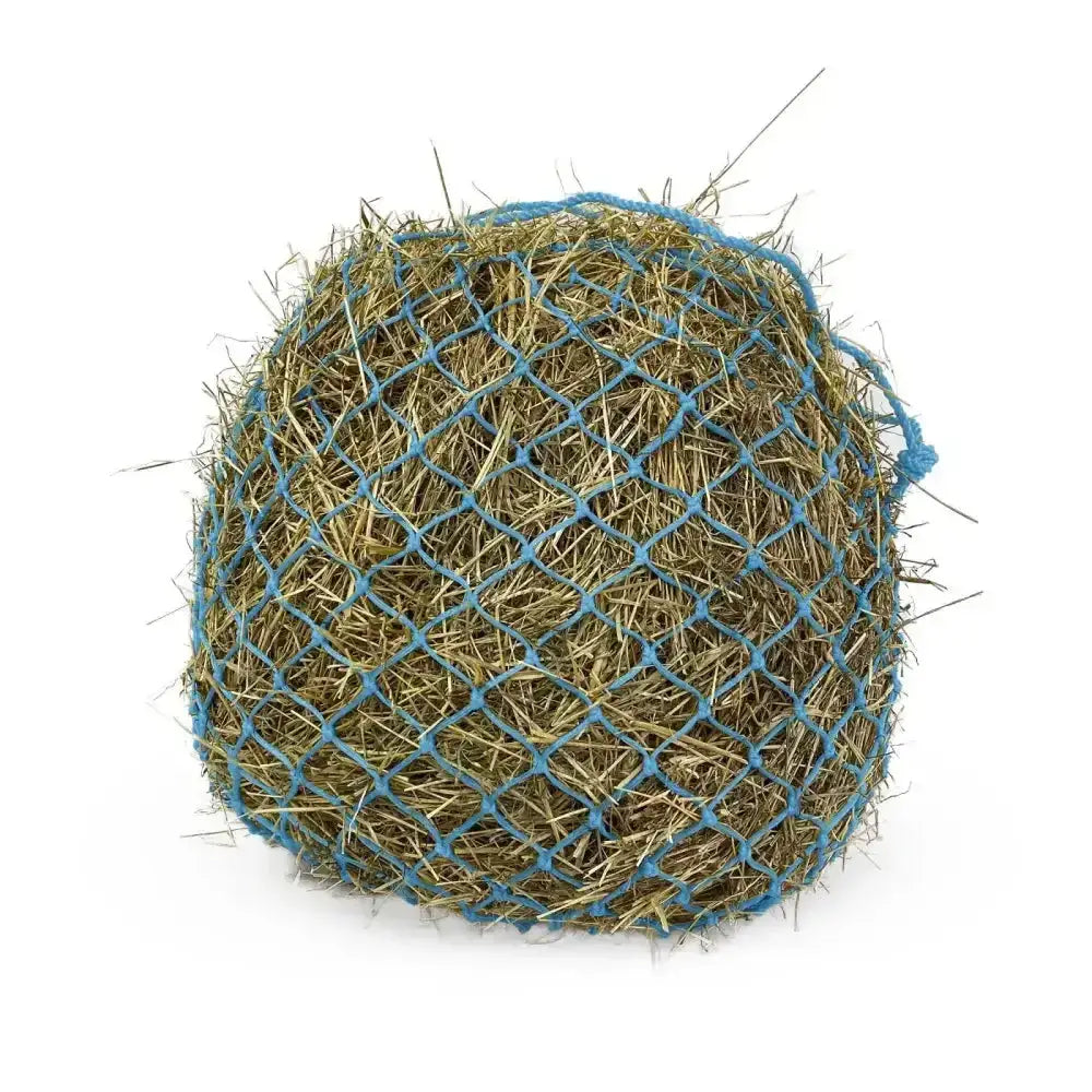 Blue mesh km elite deluxe haynet encases golden brown hay ball made of extra strong polyethylene durable haynets