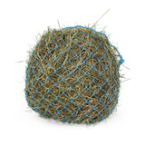 Blue mesh km elite deluxe haynet encases golden brown hay ball made of extra strong polyethylene durable haynets