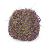 A round purple mesh km elite deluxe haynet made from extra strong polyethylene filled with golden brown hay
