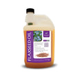 A translucent plastic jug of amber flaxseed oil with a purple km elite label rich in essential fatty acids for sweet itch