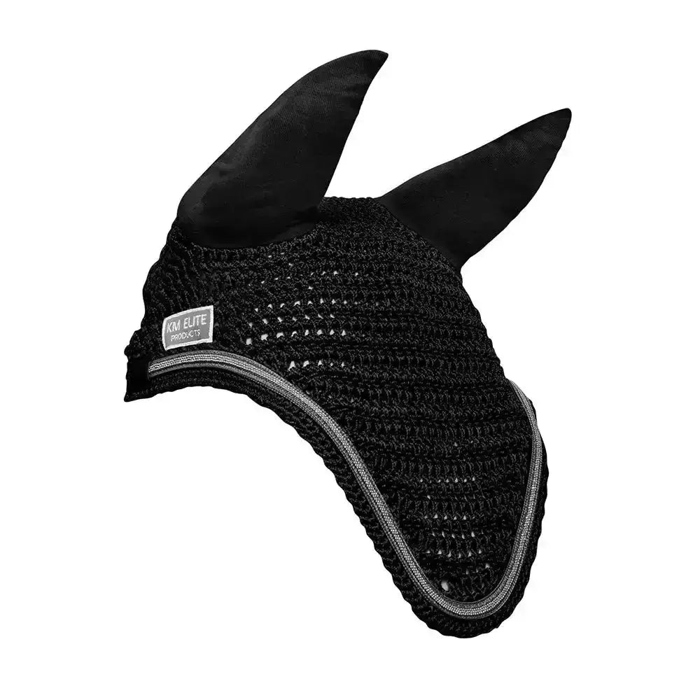 Black knitted km elite fly veil with plush pointed ears and silver trim stylish veil black greytrim