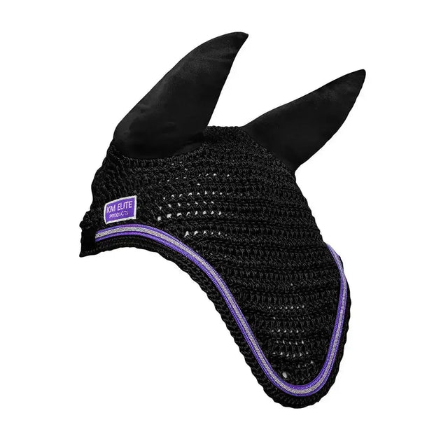 Black knitted horse ear bonnet with purple trim and soft pointed ears in km elite fly veil black/purple trim stylish fly veil