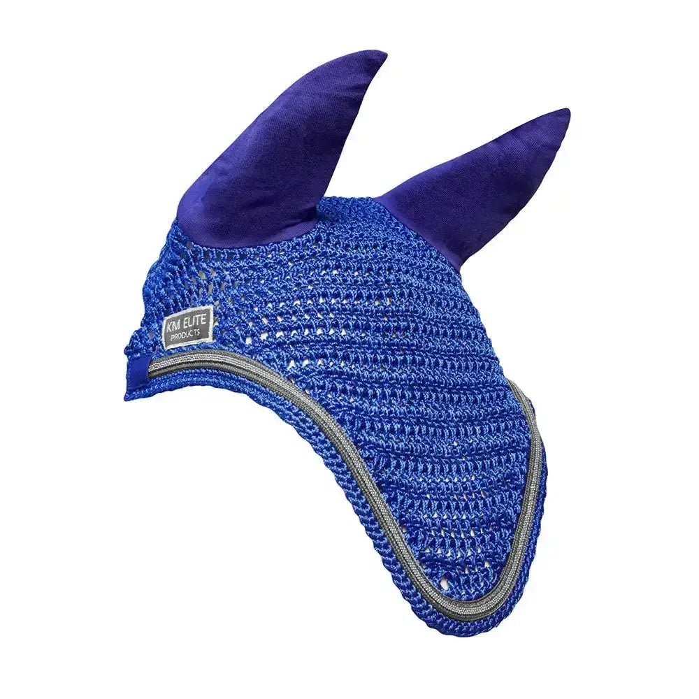 Royal blue crochet elite fly veil with silver trim and plush purple horn details for horse ears