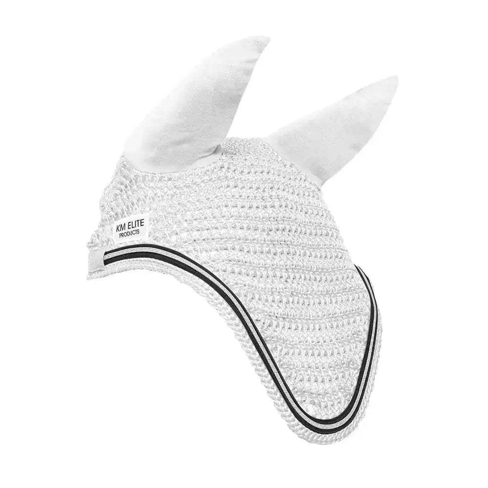 Km elite fly veil white black trim featuring a white knitted stylish fly veil with padded ears and black trim