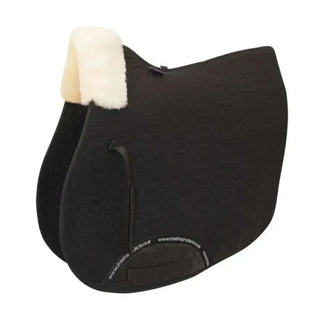 Black km elite front rolled dressage square pad with cream sheepskin trim designed to protect high wither dressage horses