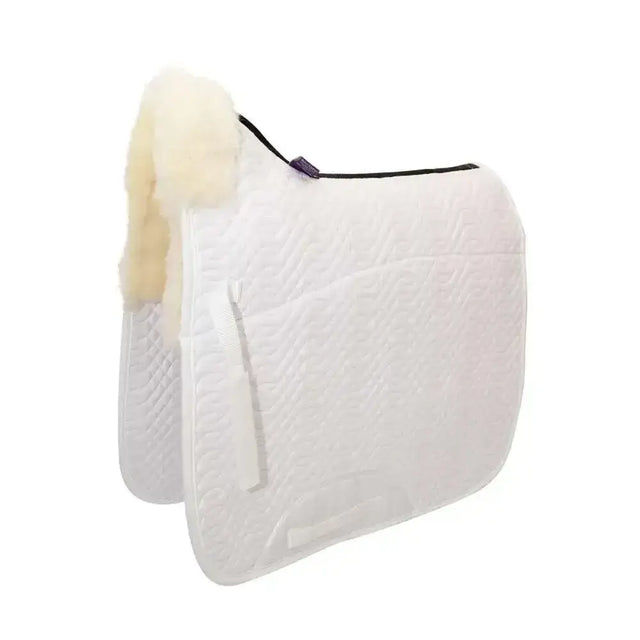 Km elite half lined dressage square in white with natural cream fleece trim and quilted texture for high wither dressage