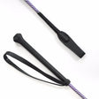 Km elite junior black grip whip with black leather whip and braided purple and white cord handle loop 60cms