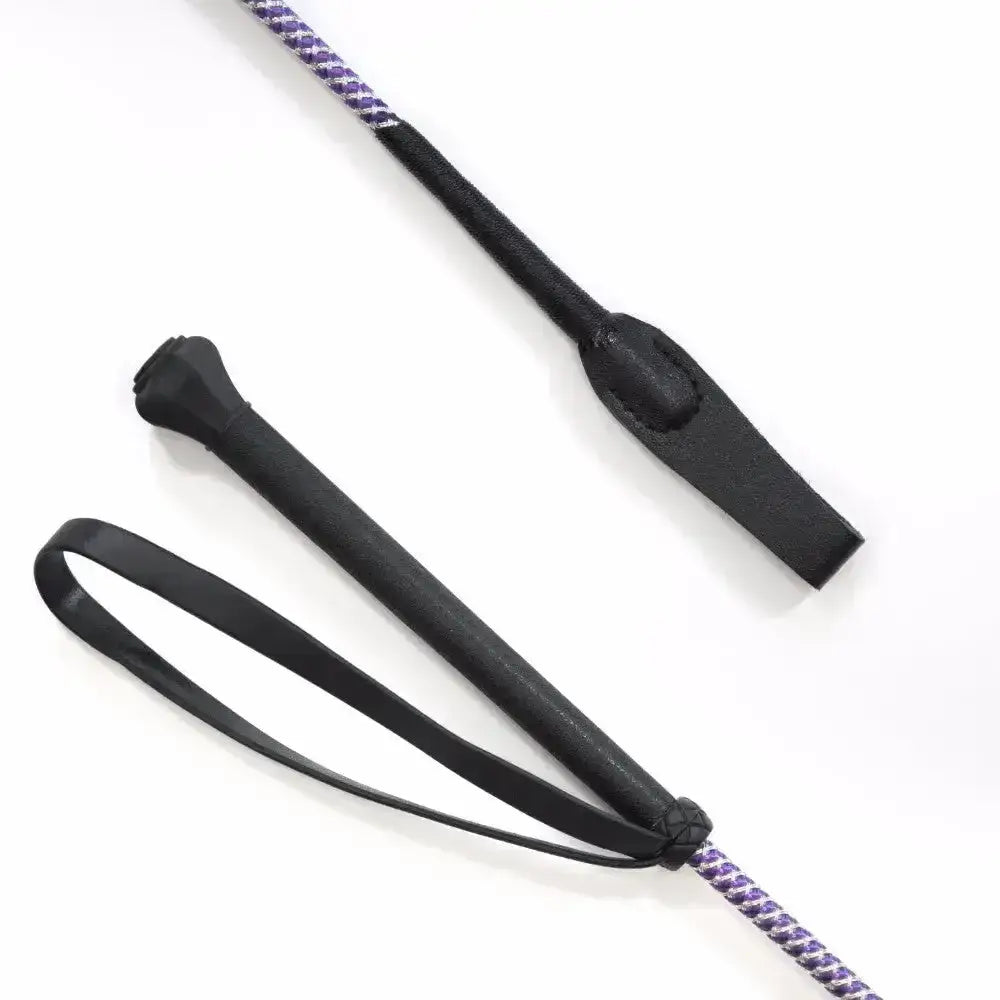 Km elite junior black grip whip with black leather whip and braided purple and white cord handle loop 60cms