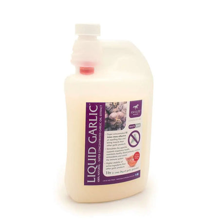 A 1-liter translucent white bottle of km elite farms elite liquid garlic with a purple label and white cap for horse vitamins