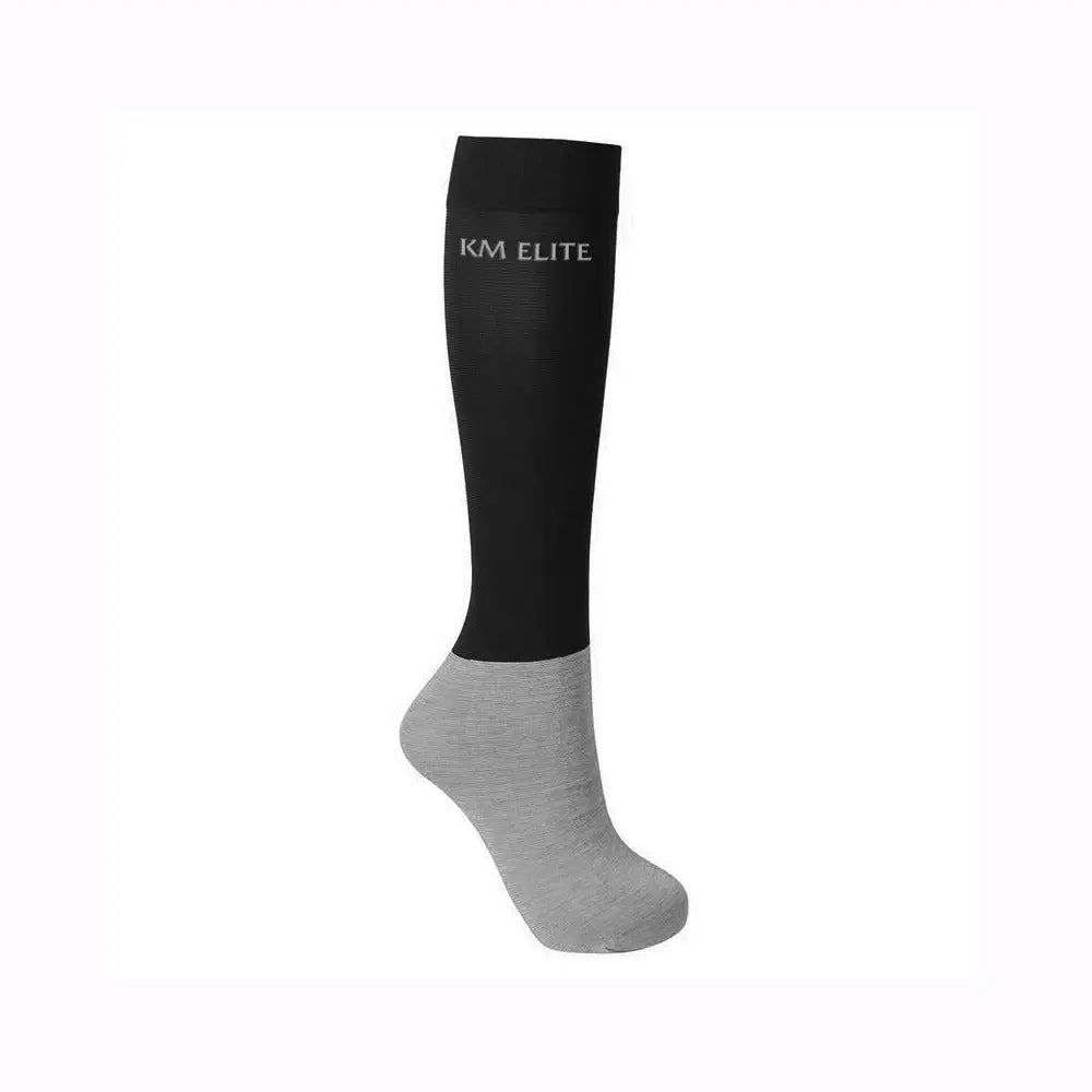 Black and gray km elite lite sports socks with sleek two-tone design perfect for long riding boots and athletic use