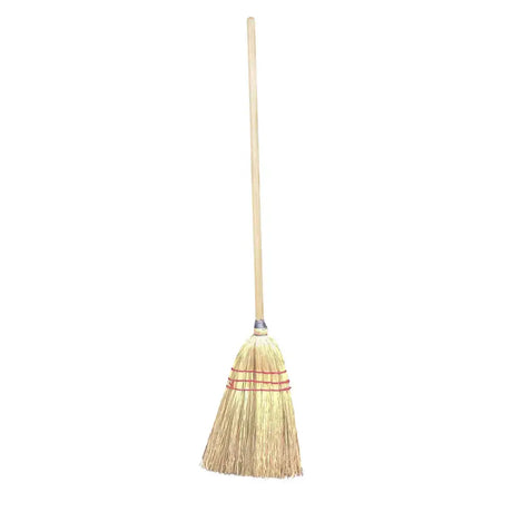 Km elite mini corn broom with natural straw bristles and light wooden handle bound by red bands