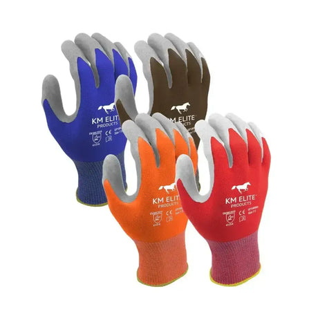 Km elite multi purpose gloves in vibrant blue orange and red with gray fingertips and reinforced palms perfect for equestrian use