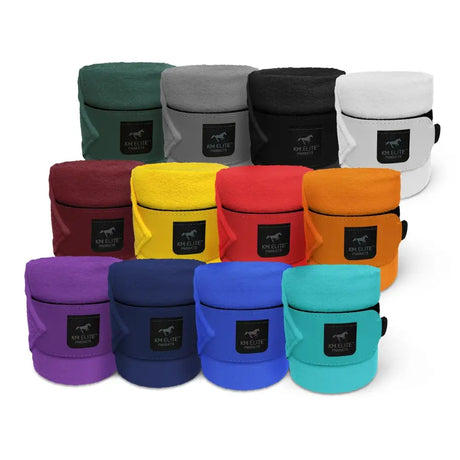 A collection of colorful km elite polo exercise bandages made of fleece with strong velcro fastening in various hues