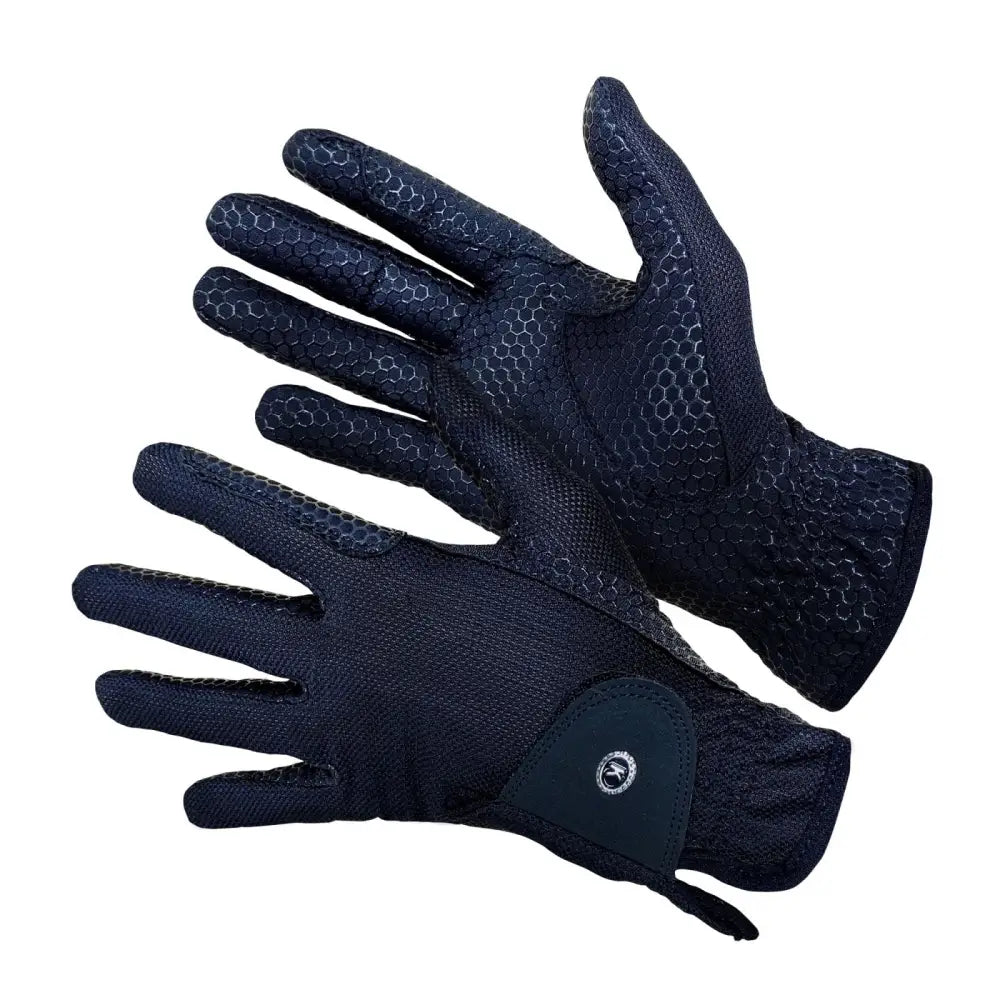 Dark navy blue km elite silicone grip gloves with hex textured fingers palm and reinforced stitching wrist strap