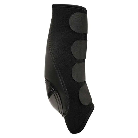 Black horse leg guard from the km elite skid-tech boot with hard-wearing neoprene and padded circular reinforcements