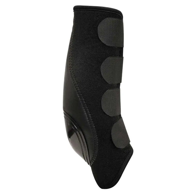 Black horse leg guard from the km elite skid-tech boot with hard-wearing neoprene and padded circular reinforcements