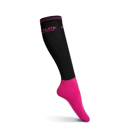 Black hot pink elite socks with ribbed cuff and elite products logo made for high quality athletic performance