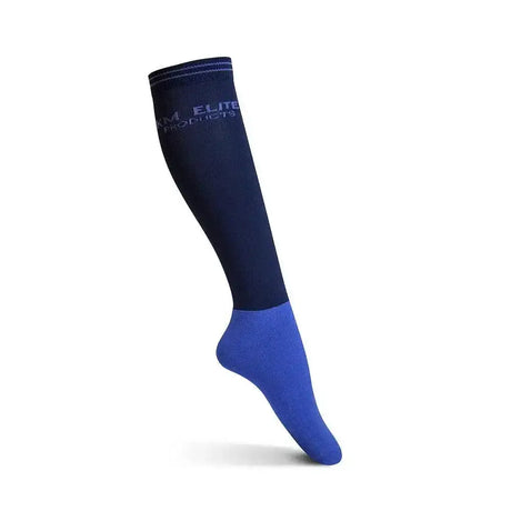 Navy blue and royal blue two-tone knee-high compression socks with km elite products branding elite socks navy quality socks add