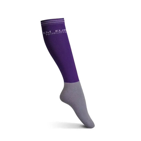 Purple and gray elite socks purple compression sock with km elite products branding on upper leg for quality socks add