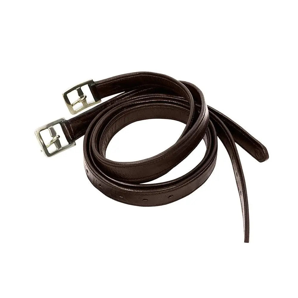 Dark brown leather km elite soft laminated stirrup leathers havana with silver metal buckles for horse riding
