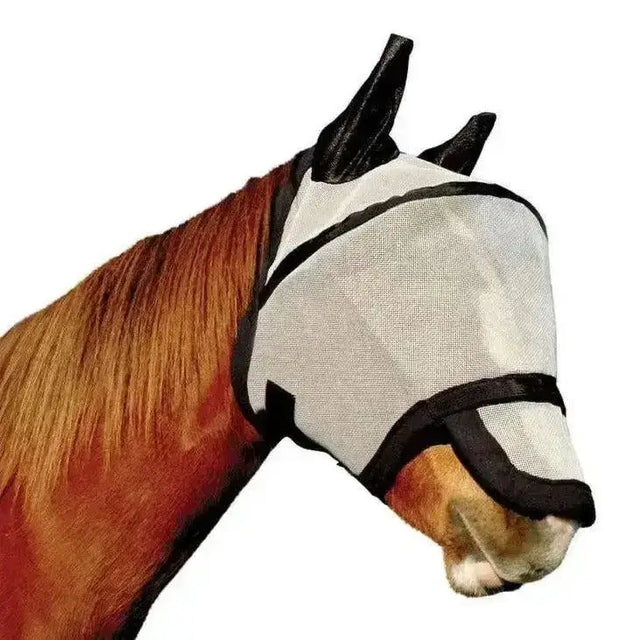 White mesh km elite space fly mask with black trim and elastic straps for easy fly protection