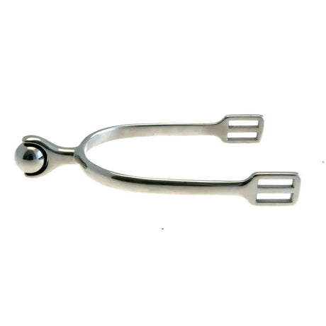Shiny silver km elite stainless rollerball spurs with polished metallic finish and two rectangular slots for smooth aid