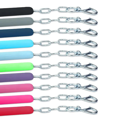 Colorful silicone-handled elite stall chain nunchaku with metallic chain and carabiner attachments for quality grip
