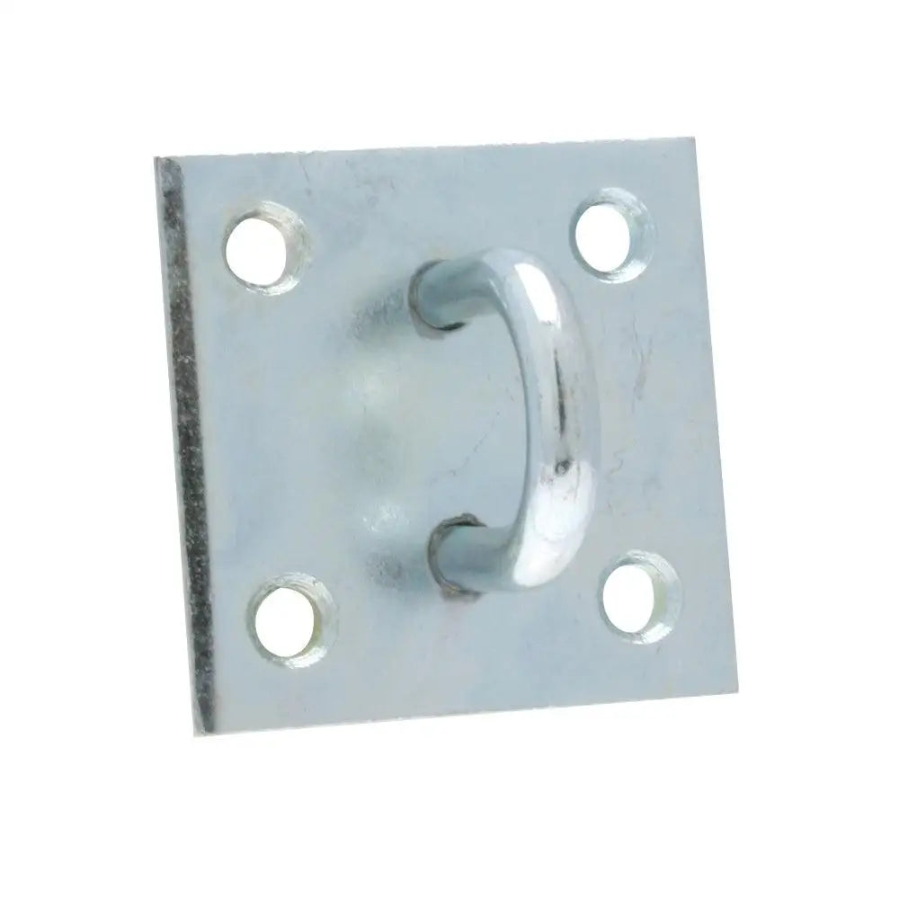 Silver-toned metal door handle with square plate and four holes for elite stallchain steel mounting bracket use