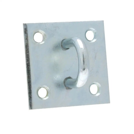 Silver-toned metal door handle with square plate and four holes for elite stallchain steel mounting bracket use