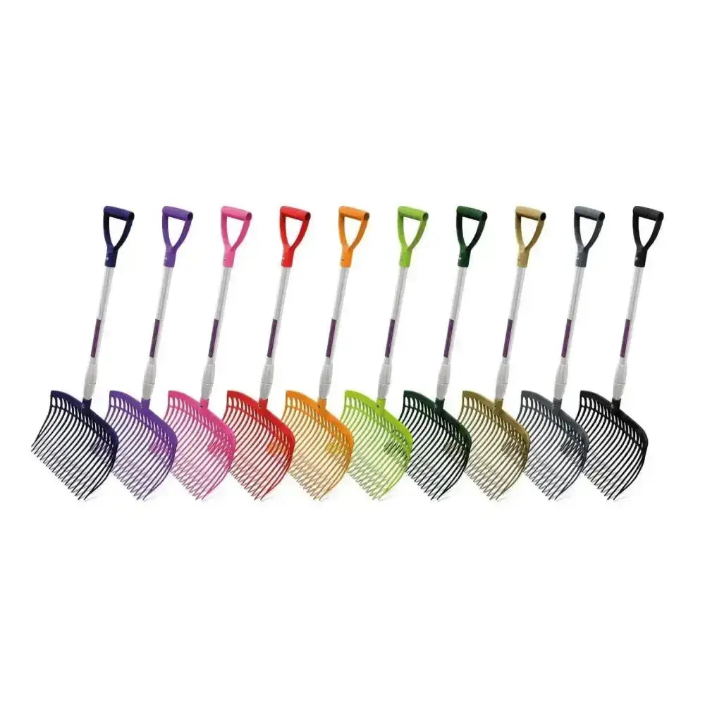 A set of ten km elite ultimate telescopic shavings forks with colorful plastic handles and black mesh blades