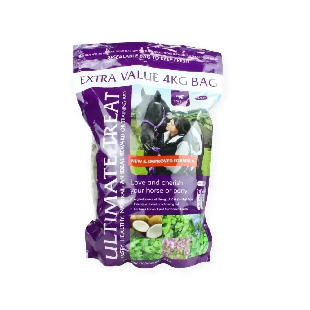 Purple and white resealable bag of KM Elite ultimate treats 4kg horse treats with natural ingredients and black horse rider image