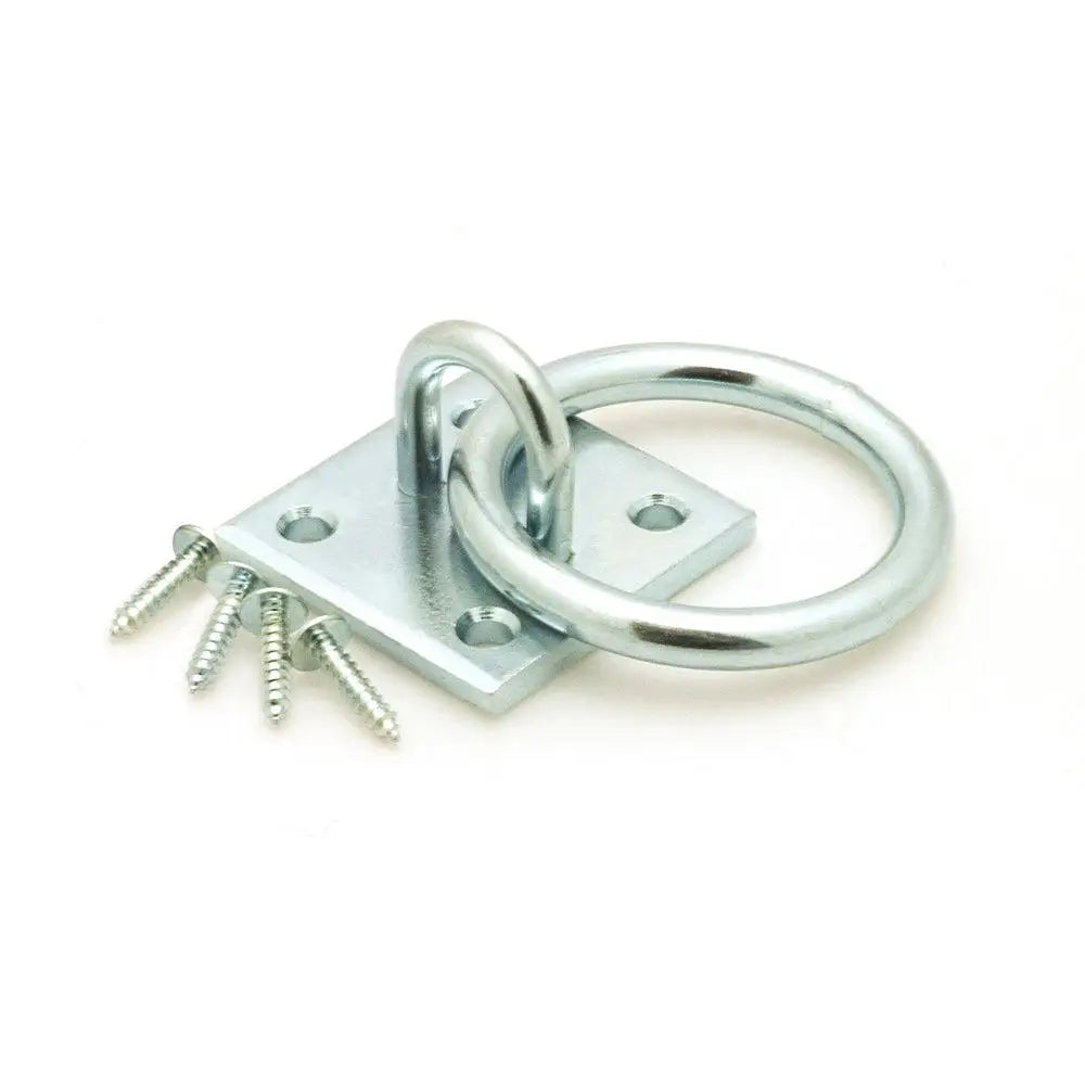 Silver-toned metal km elite wall mounted tie ring with flat mounting plate and four screws for secure hold