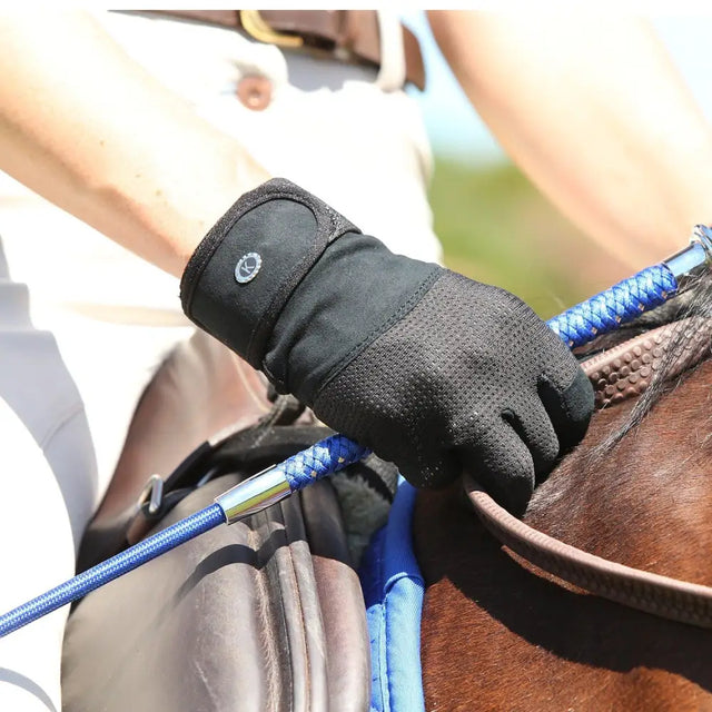 Black textured km elite wetgrip riding glove with superior close fit and sweat absorbing palm shown from back side