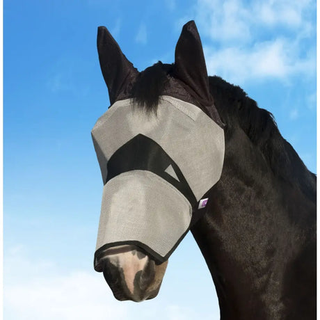 Km fly mask with nose in black and beige protective mesh featuring a triangular design for light-coloured horses