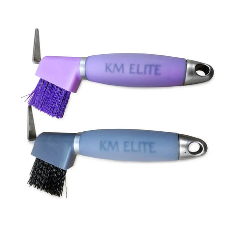 Purple and gray km elite horse grooming brushes with purple and black bristles feature a comfortable handle and gel hoof pick tip