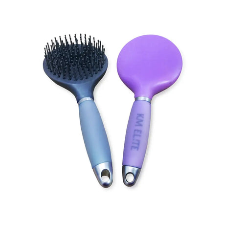 Two km gel mane brushes with specially designed comfortable handles in dark gray blue and purple for horse’s mane care