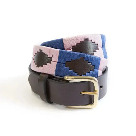 Km polo belt blush with a stylish pink and blue woven design, dark brown leather strap, and gold-toned buckle perfect for equestrian style
