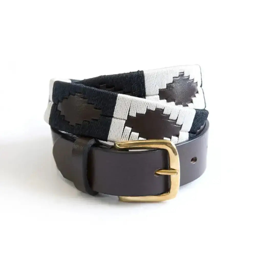 Black and white woven km polo belt with gold-toned buckle in the ebony colour-way for an elite polo belt look