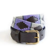 Km polo elite polo belt featuring a purple and gray woven design with black leather strap and gold-toned buckle