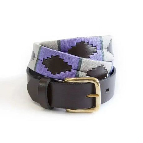 Km polo elite polo belt featuring a purple and gray woven design with black leather strap and gold-toned buckle
