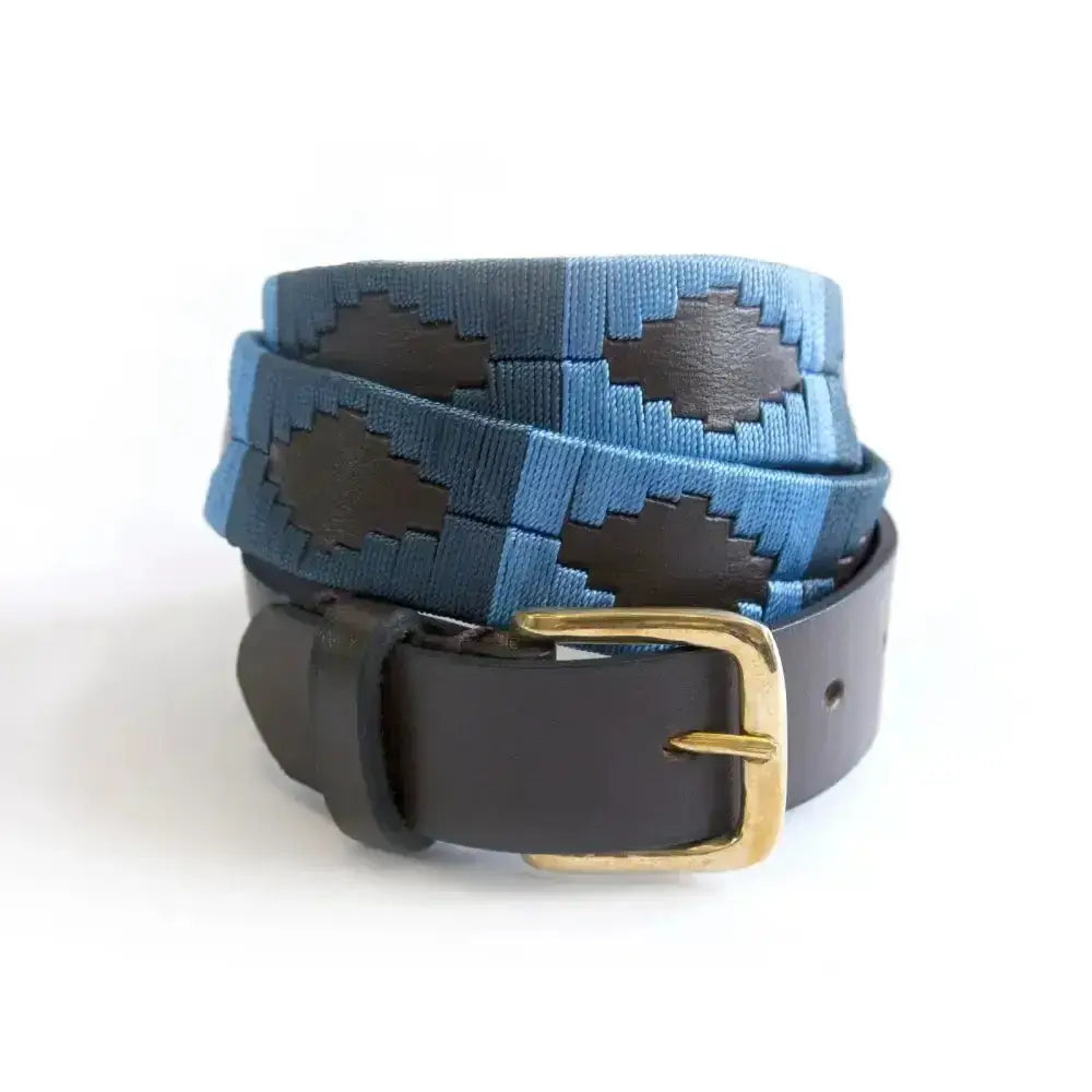 KM polo elite polo belt with gorgeous sapphire coloured embroidery, brown woven leather, and gold-toned buckle