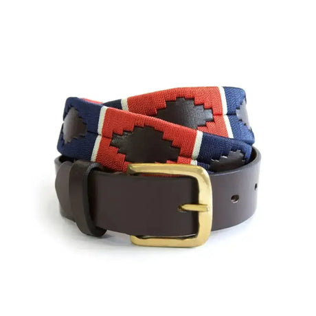 Traditional km polo belt with navy blue red and black woven design and gold-toned buckle elite polo belts