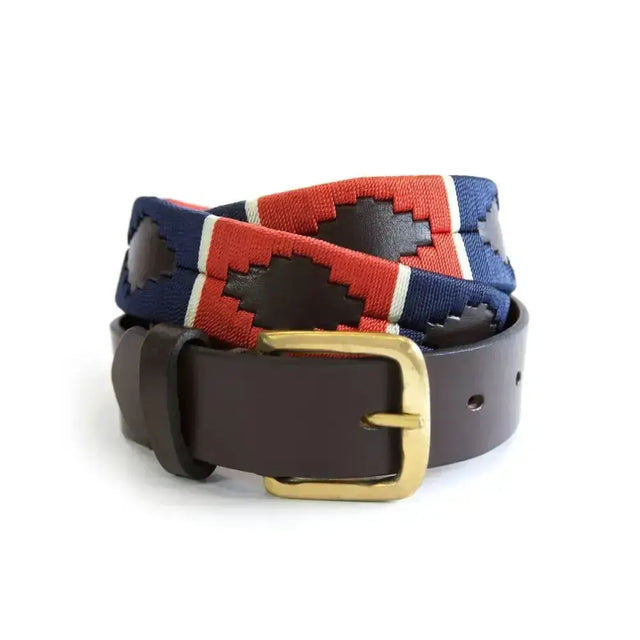 Traditional km polo belt with navy blue red and black woven design and gold-toned buckle elite polo belts