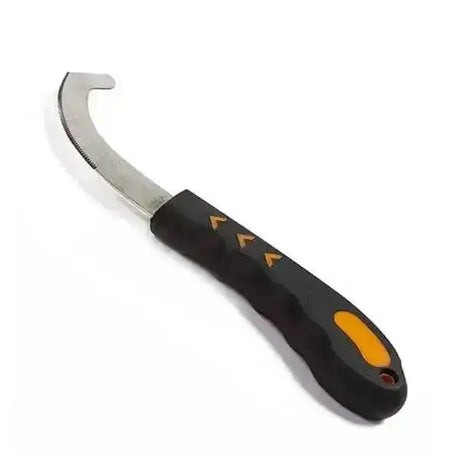 Knifebot bot fly curved pruning knife with black and orange handle and metallic blade for bot fly knifes use