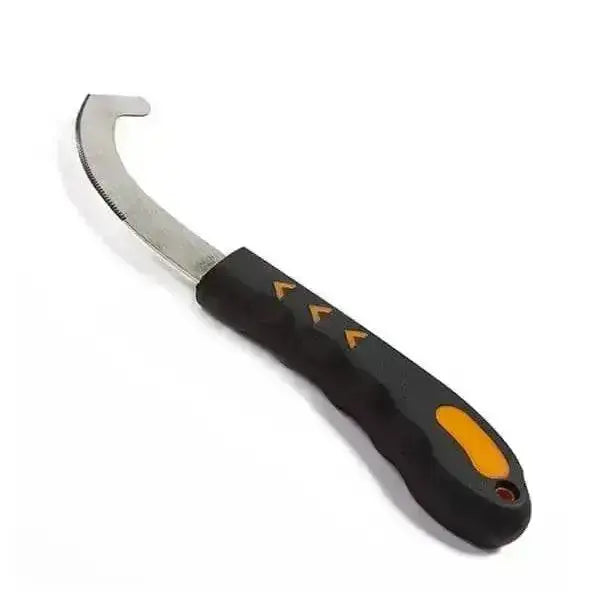 Knifebot bot fly curved pruning knife with black and orange handle and metallic blade for bot fly knifes use